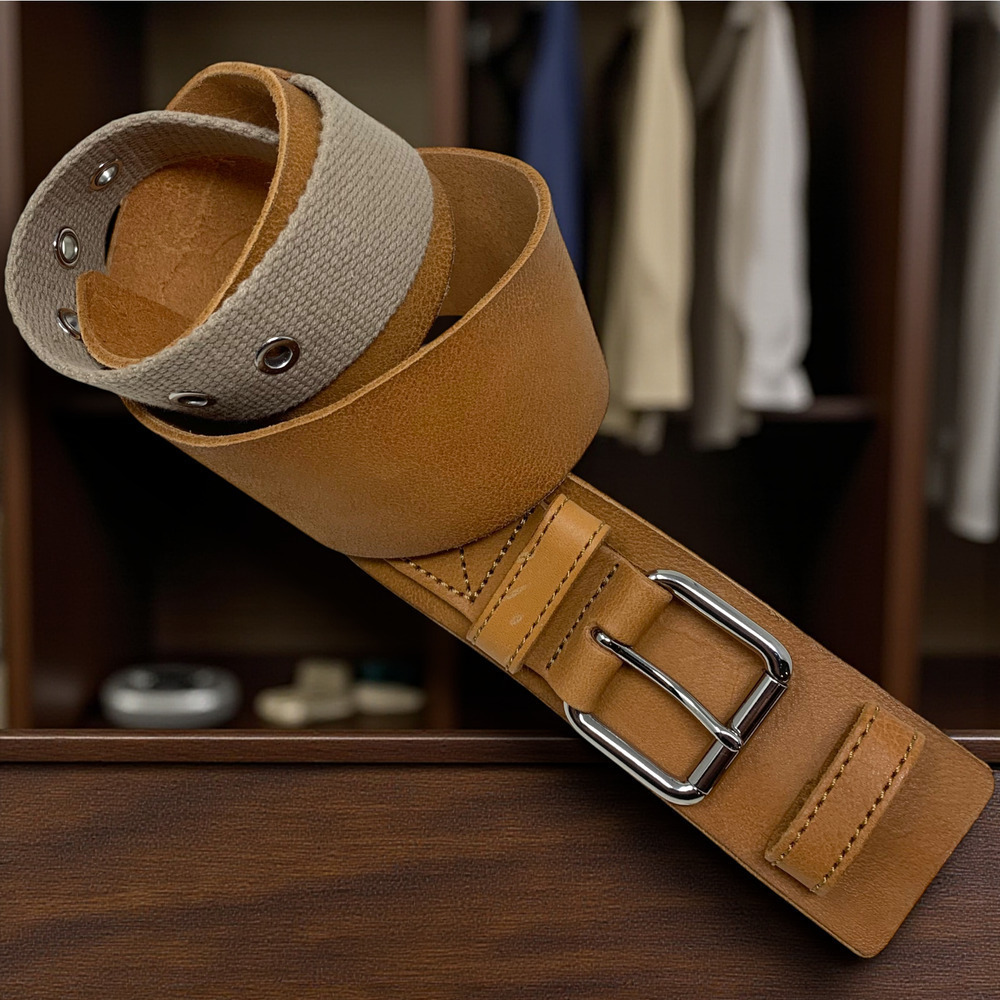 Vintage Y2K Lands' End Sz XS Leather & Canvas Wide Waist Cinch Safari Belt READ